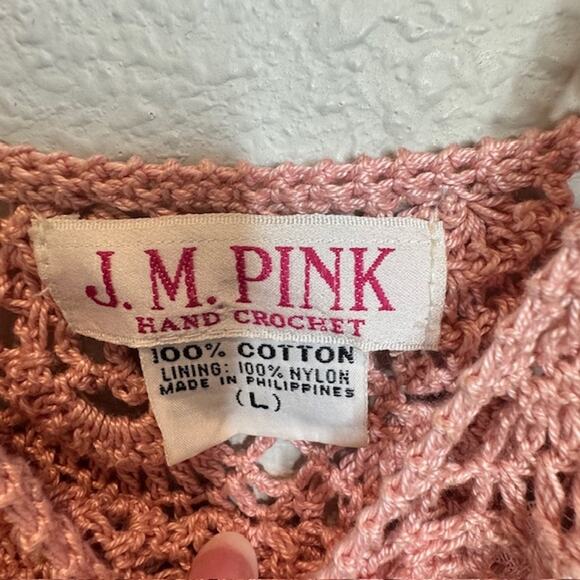 Vintage J.M. Pink Hand Crochet Blush Pink Dress and Cardigan Sz Large - Picture 4 of 16